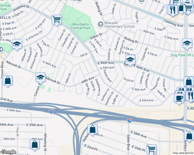 map of restaurants, bars, coffee shops, grocery stores, and more near 4392 Deephaven Court in Denver