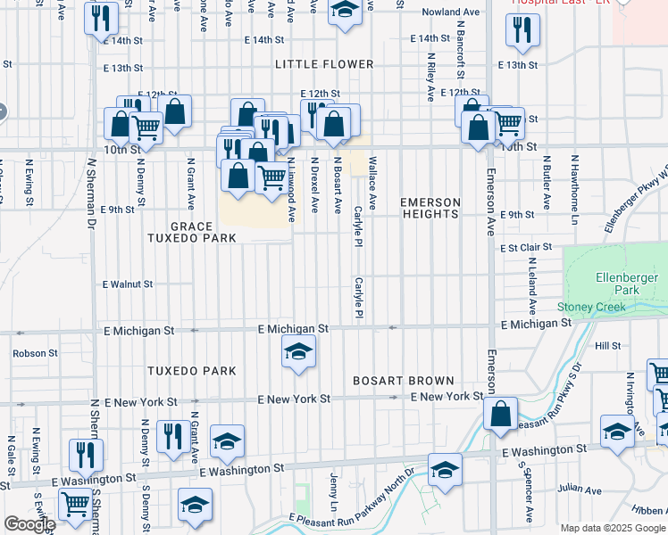 map of restaurants, bars, coffee shops, grocery stores, and more near 730 North Bosart Avenue in Indianapolis
