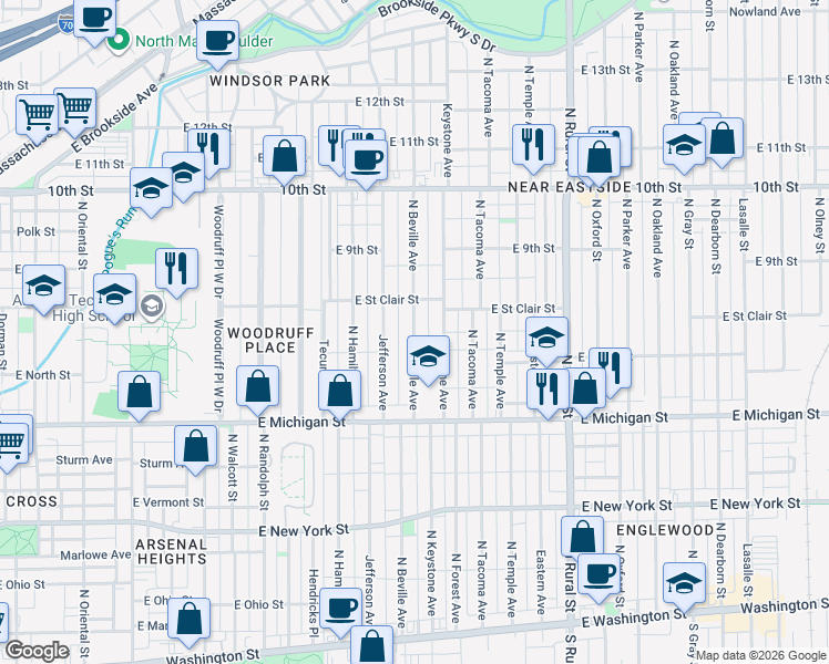 map of restaurants, bars, coffee shops, grocery stores, and more near 623 North Beville Avenue in Indianapolis