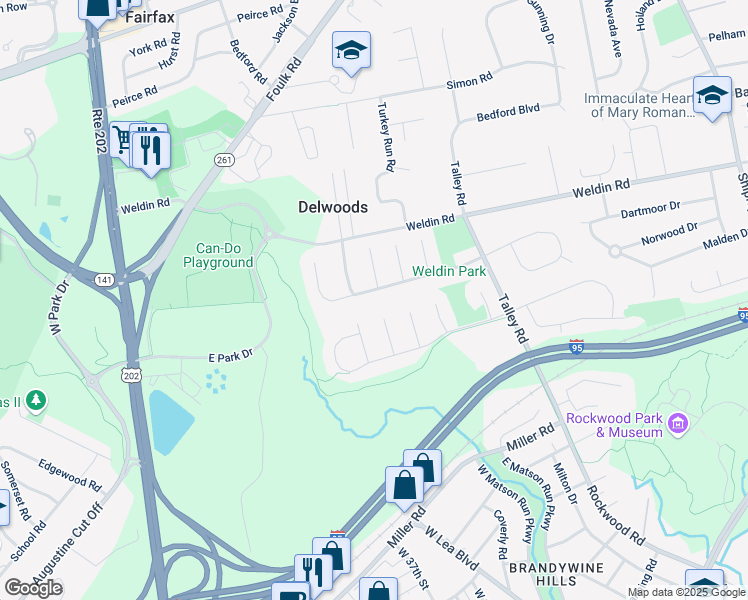 map of restaurants, bars, coffee shops, grocery stores, and more near 104 Weldin Park Drive in Wilmington