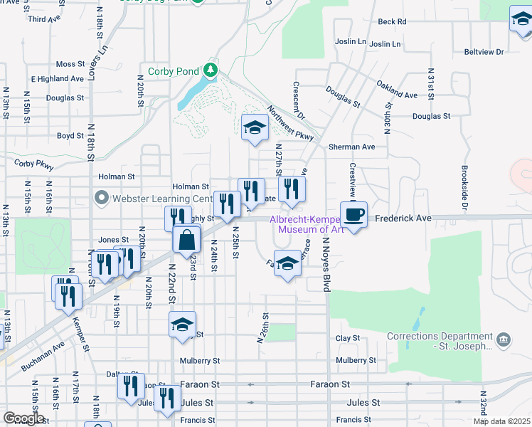 map of restaurants, bars, coffee shops, grocery stores, and more near 2625 Frederick Avenue in Saint Joseph