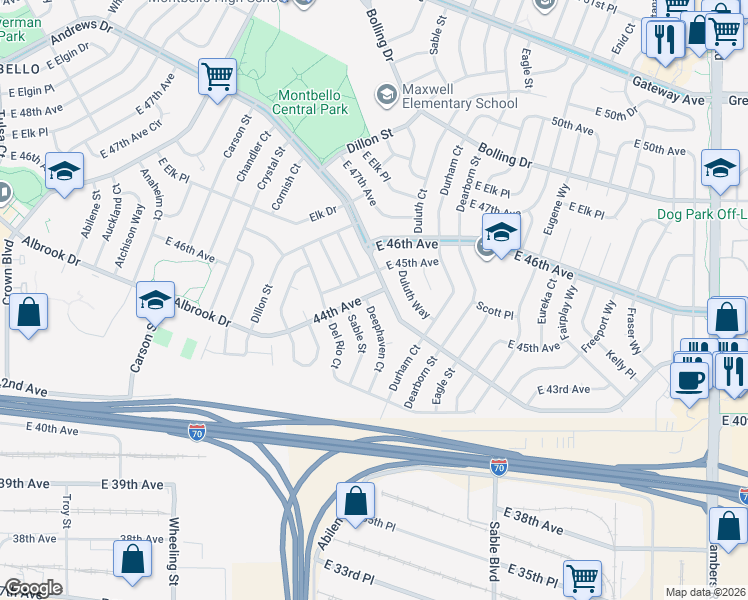 map of restaurants, bars, coffee shops, grocery stores, and more near 4392 Deephaven Court in Denver