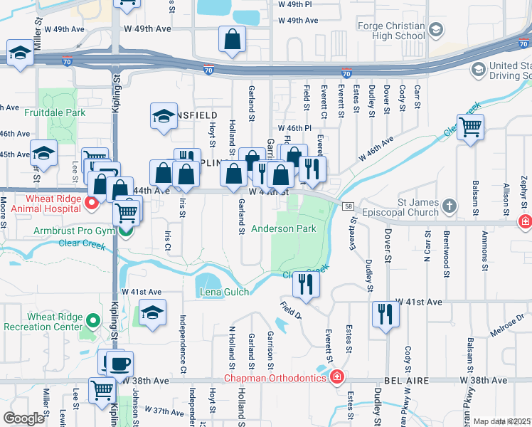 map of restaurants, bars, coffee shops, grocery stores, and more near 4358 Garrison Street in Wheat Ridge