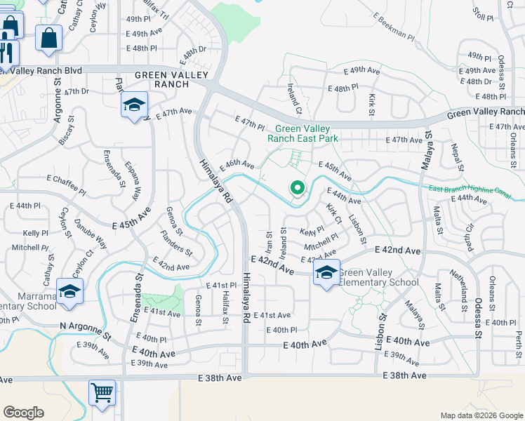 map of restaurants, bars, coffee shops, grocery stores, and more near 20181 East 43rd Place in Denver