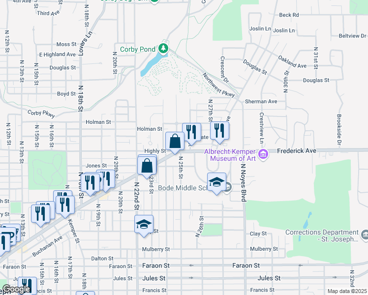 map of restaurants, bars, coffee shops, grocery stores, and more near 2501 Frederick Avenue in Saint Joseph