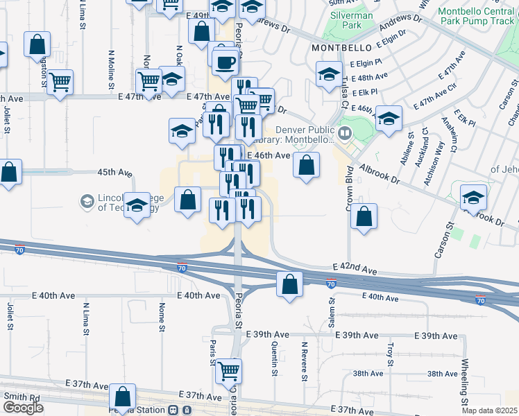 map of restaurants, bars, coffee shops, grocery stores, and more near 4460 Peoria Street in Denver