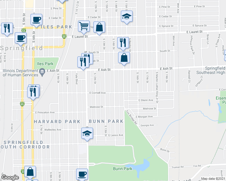 map of restaurants, bars, coffee shops, grocery stores, and more near 2173 South 14th Street in Springfield