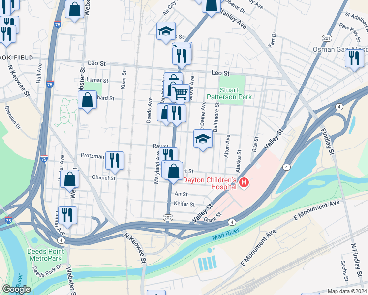 map of restaurants, bars, coffee shops, grocery stores, and more near 155 Grove Avenue in Dayton