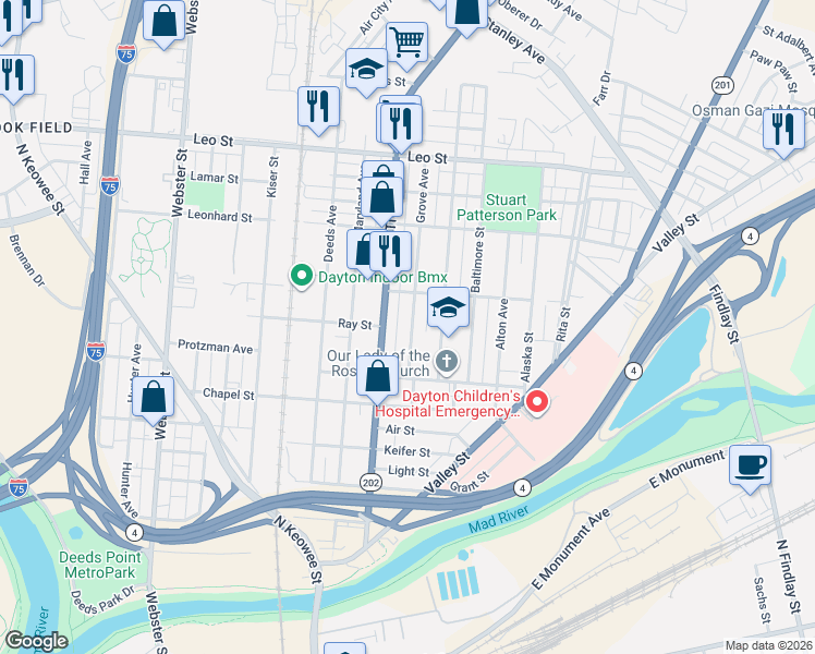 map of restaurants, bars, coffee shops, grocery stores, and more near 552 Troy Street in Dayton