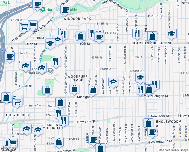 map of restaurants, bars, coffee shops, grocery stores, and more near 617 Tecumseh Street in Indianapolis