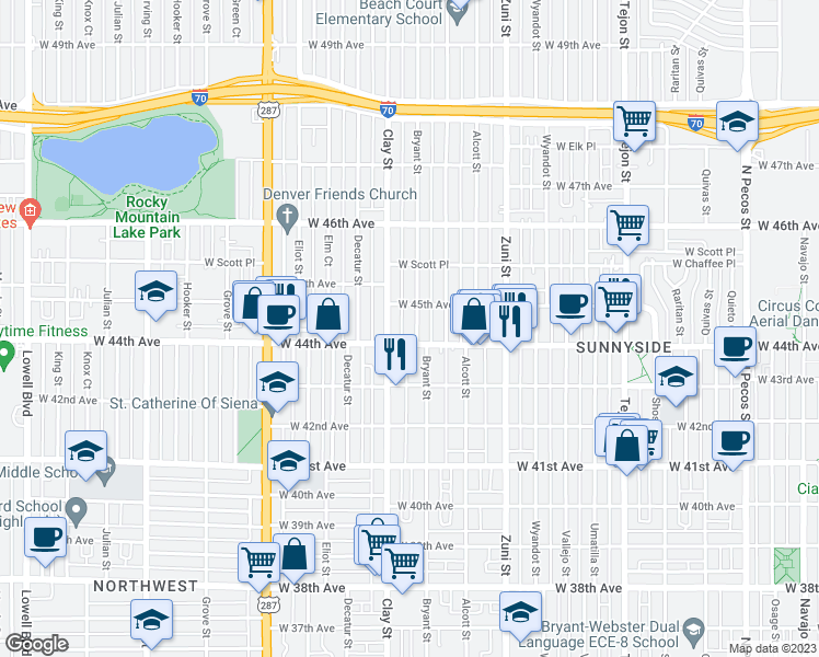 map of restaurants, bars, coffee shops, grocery stores, and more near 4421 Bryant Street in Denver