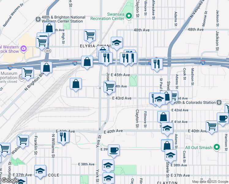 map of restaurants, bars, coffee shops, grocery stores, and more near 4339 Columbine Street in Denver