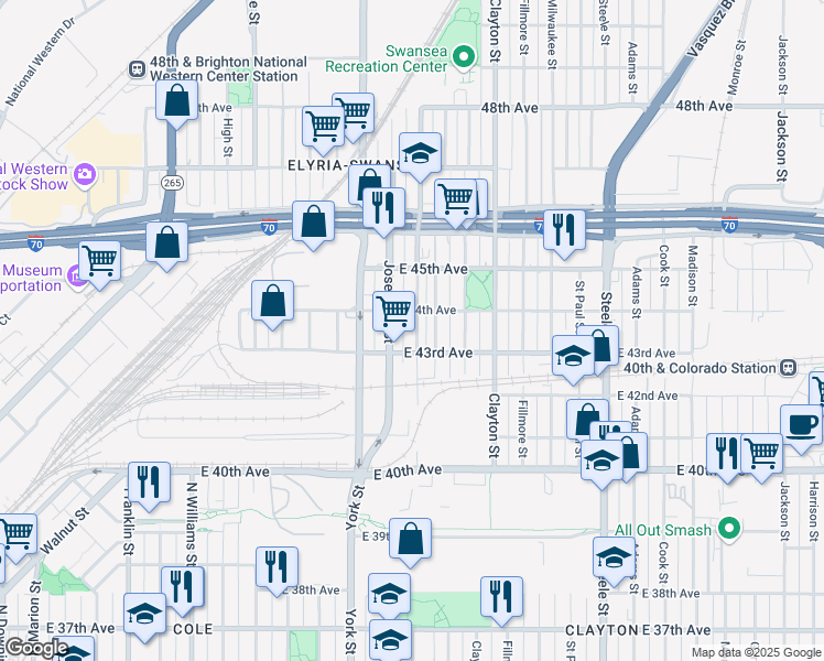 map of restaurants, bars, coffee shops, grocery stores, and more near 4339 Columbine Street in Denver