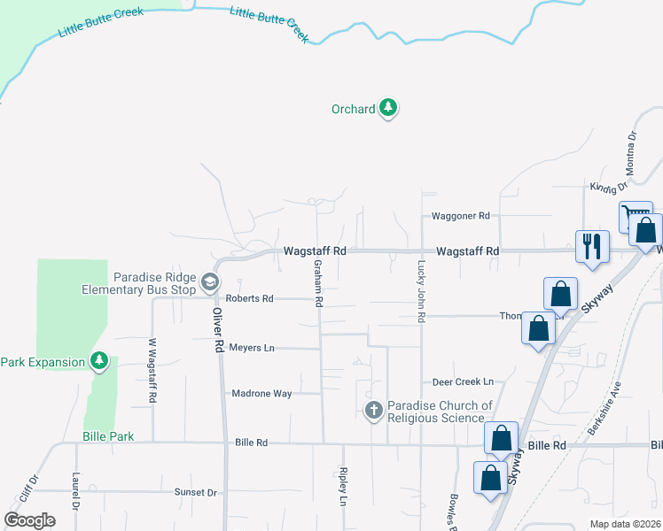 map of restaurants, bars, coffee shops, grocery stores, and more near 6386 Graham Road in Paradise