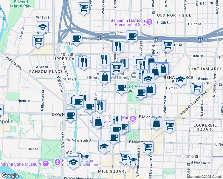 map of restaurants, bars, coffee shops, grocery stores, and more near 702 North Illinois Street in Indianapolis