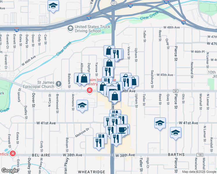 map of restaurants, bars, coffee shops, grocery stores, and more near 4401 Wadsworth Boulevard in Wheat Ridge