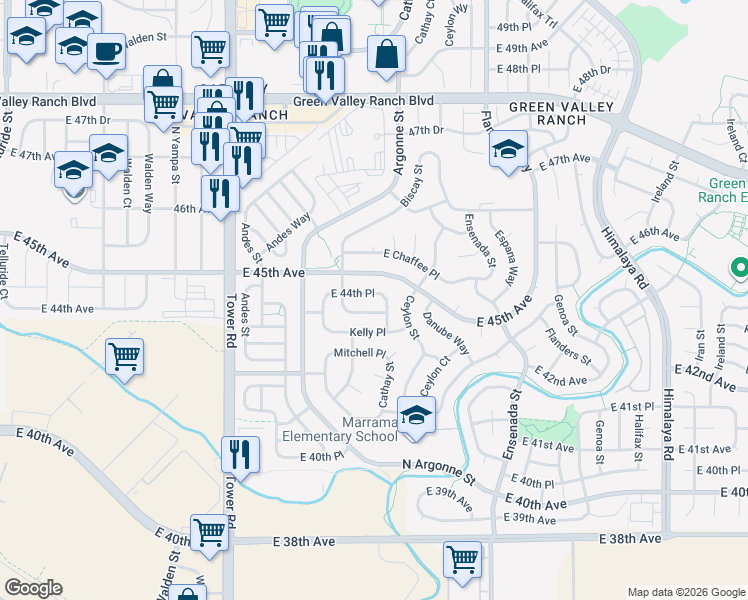 map of restaurants, bars, coffee shops, grocery stores, and more near 18952 East 44th Place in Denver