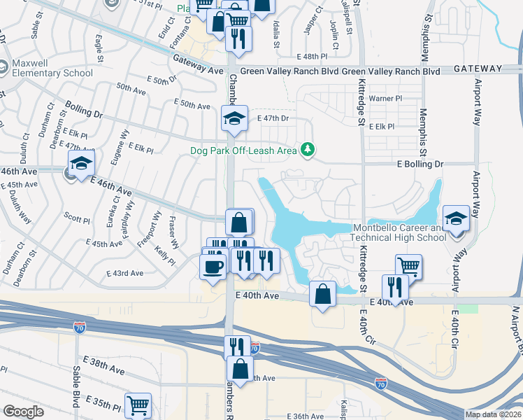 map of restaurants, bars, coffee shops, grocery stores, and more near 4650 Chambers Road in Denver