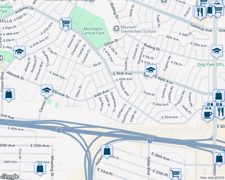 map of restaurants, bars, coffee shops, grocery stores, and more near 4392 Deephaven Court in Denver