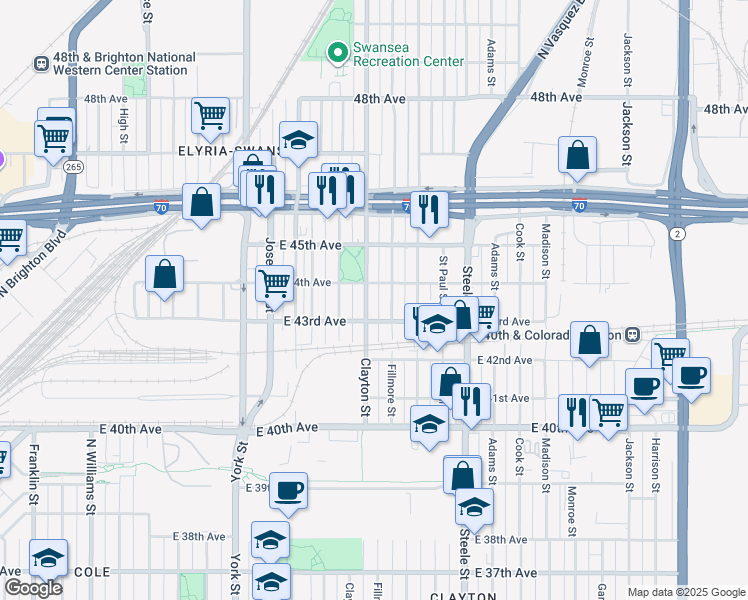 map of restaurants, bars, coffee shops, grocery stores, and more near 4325 Fillmore Street in Denver