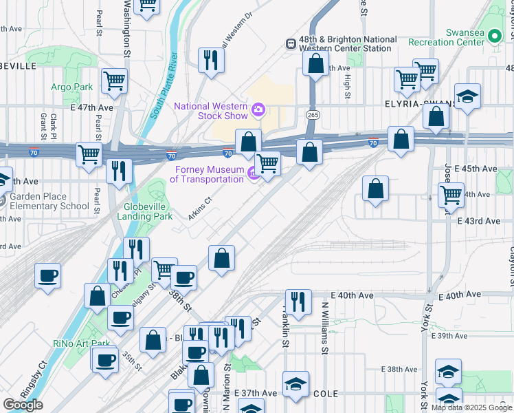 map of restaurants, bars, coffee shops, grocery stores, and more near in Denver