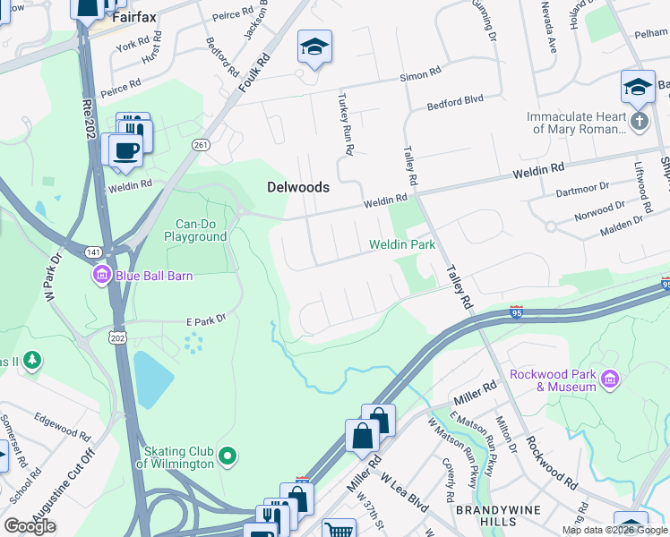 map of restaurants, bars, coffee shops, grocery stores, and more near 104 Weldin Park Drive in Wilmington