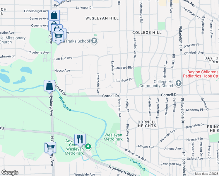 map of restaurants, bars, coffee shops, grocery stores, and more near 24 Roger Court in Dayton