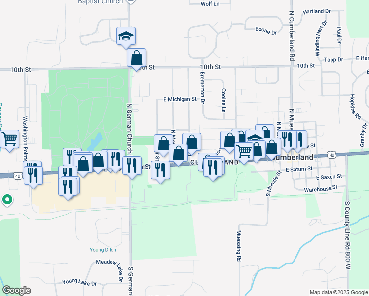 map of restaurants, bars, coffee shops, grocery stores, and more near 150 Hugo Street in Indianapolis