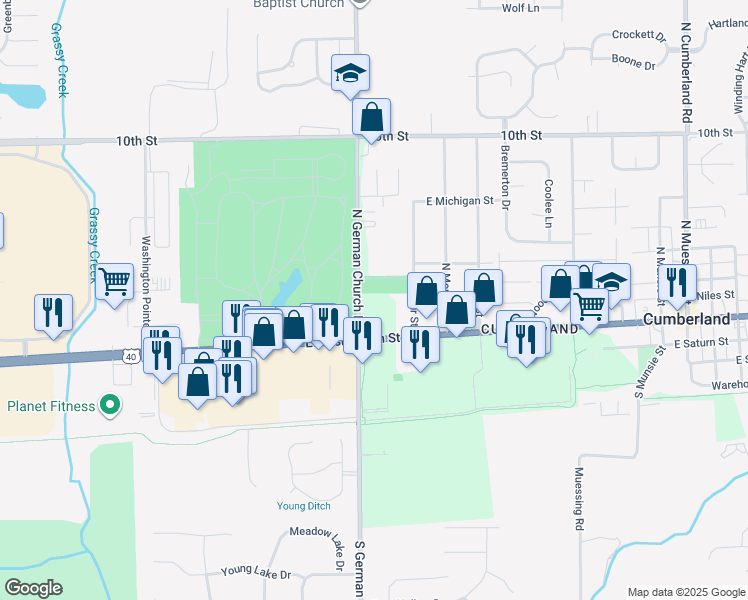 map of restaurants, bars, coffee shops, grocery stores, and more near 69 North German Church Road in Indianapolis