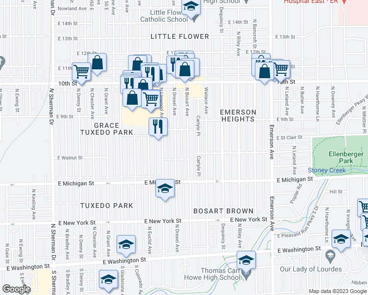 map of restaurants, bars, coffee shops, grocery stores, and more near 730 North Bosart Avenue in Indianapolis