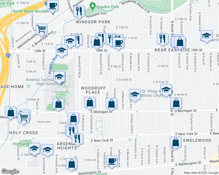 map of restaurants, bars, coffee shops, grocery stores, and more near 617 Tecumseh Street in Indianapolis
