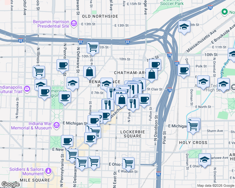 map of restaurants, bars, coffee shops, grocery stores, and more near 721 North East Street in Indianapolis