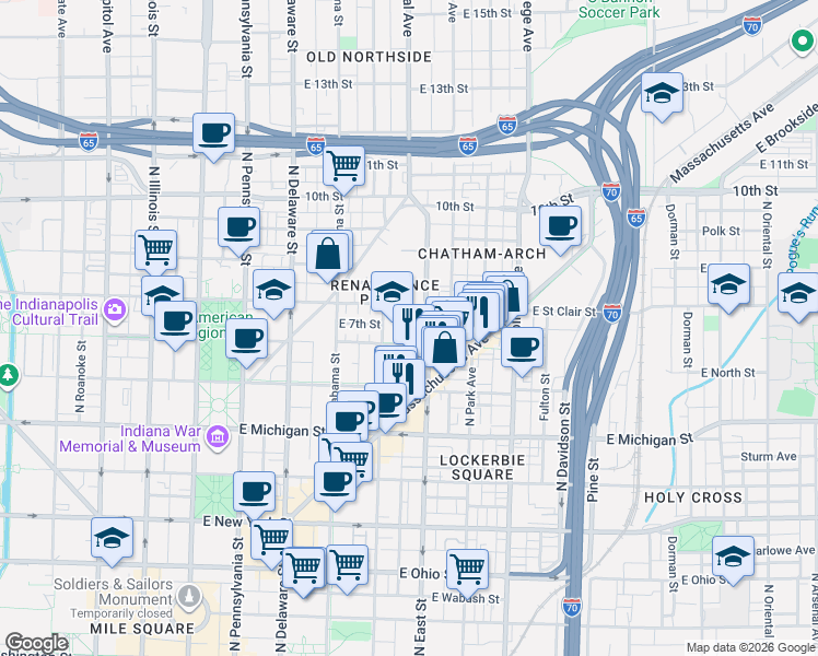 map of restaurants, bars, coffee shops, grocery stores, and more near 711 North Cleveland Street in Indianapolis