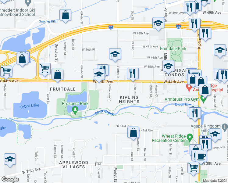 map of restaurants, bars, coffee shops, grocery stores, and more near 4351 Parfet Street in Wheat Ridge