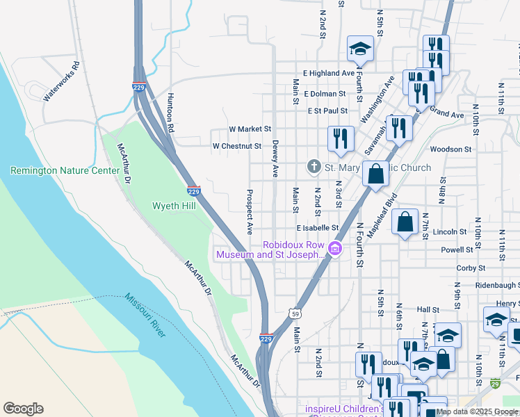 map of restaurants, bars, coffee shops, grocery stores, and more near 217 West Rosine Street in Saint Joseph
