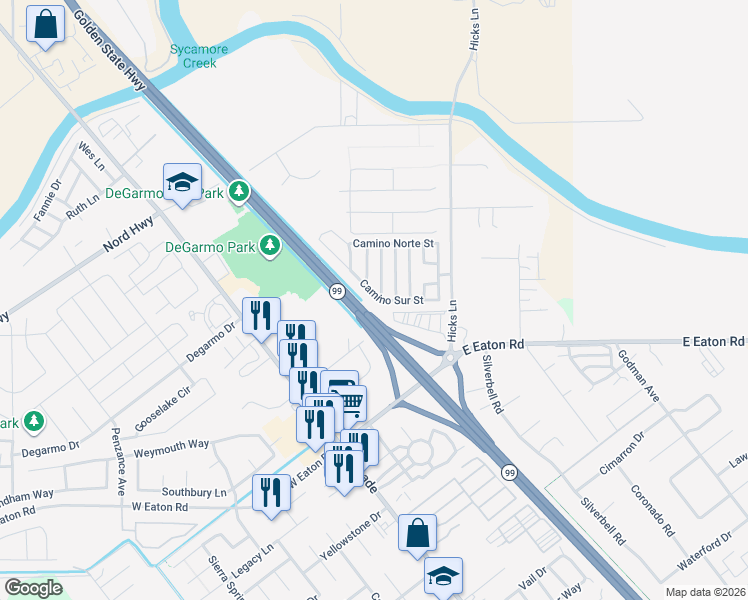 map of restaurants, bars, coffee shops, grocery stores, and more near 267 Camino Sur Street in Chico