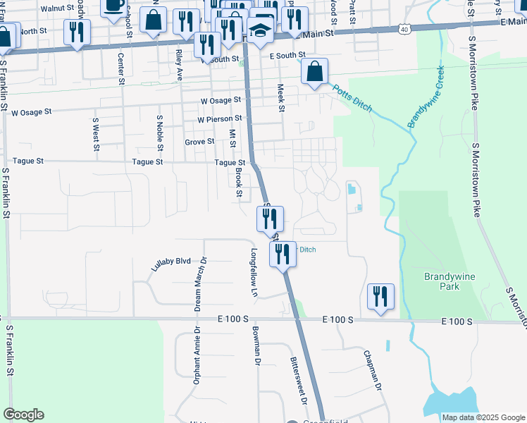 map of restaurants, bars, coffee shops, grocery stores, and more near 716 South State Street in Greenfield