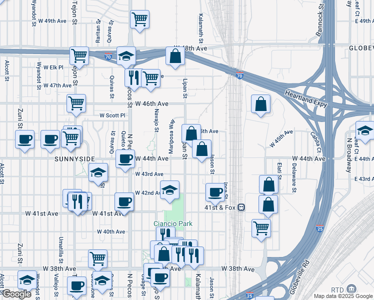 map of restaurants, bars, coffee shops, grocery stores, and more near 4400 Lipan Street in Denver