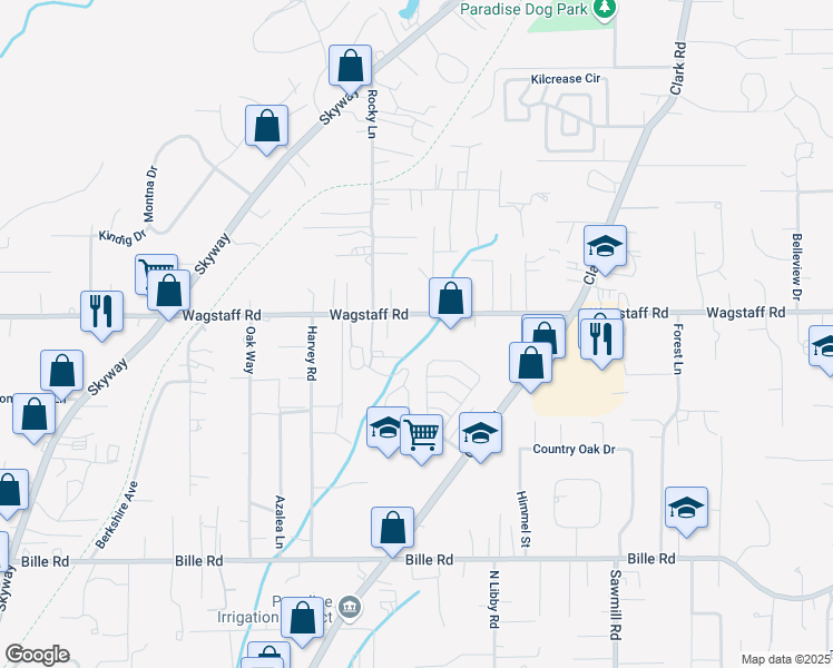 map of restaurants, bars, coffee shops, grocery stores, and more near 1340 Wagstaff Road in Paradise