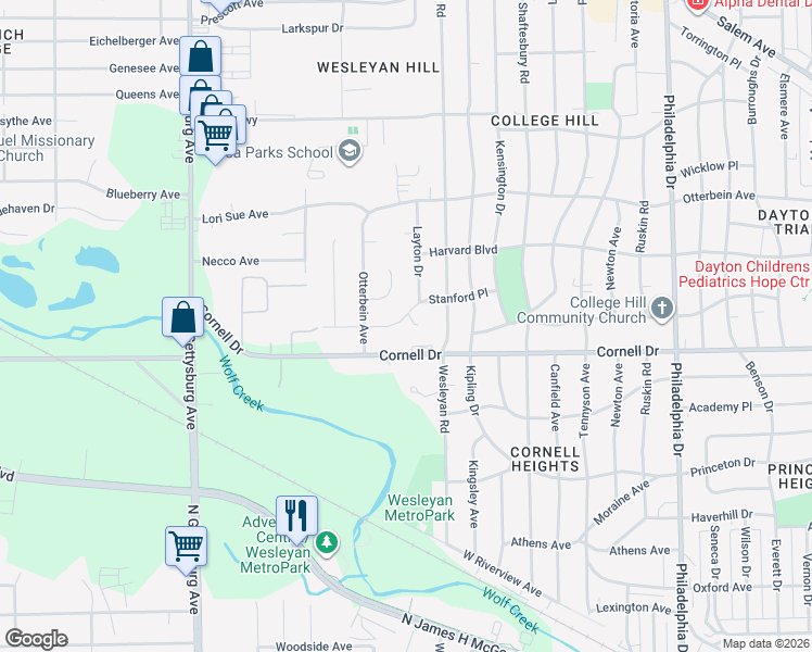 map of restaurants, bars, coffee shops, grocery stores, and more near 24 Roger Court in Dayton