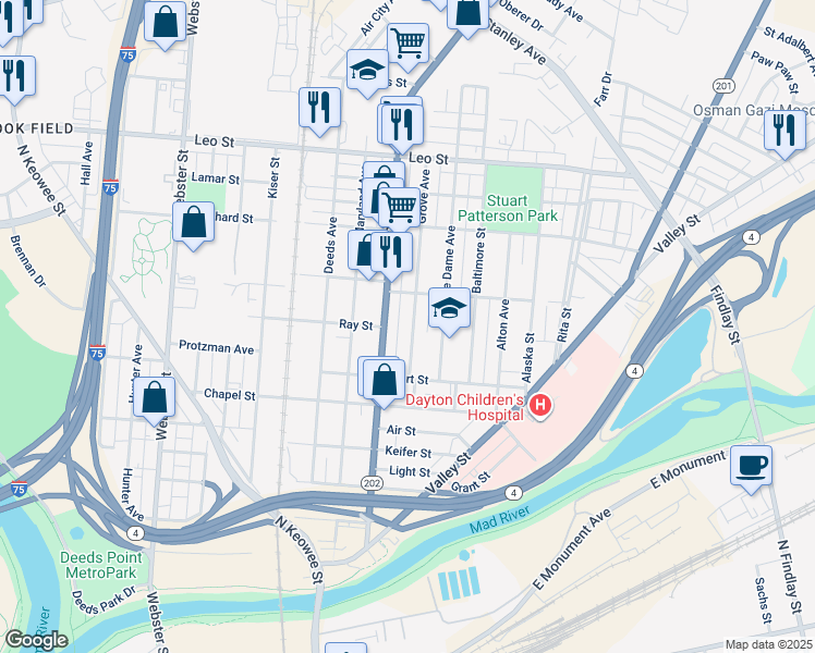 map of restaurants, bars, coffee shops, grocery stores, and more near 151 Grove Avenue in Dayton