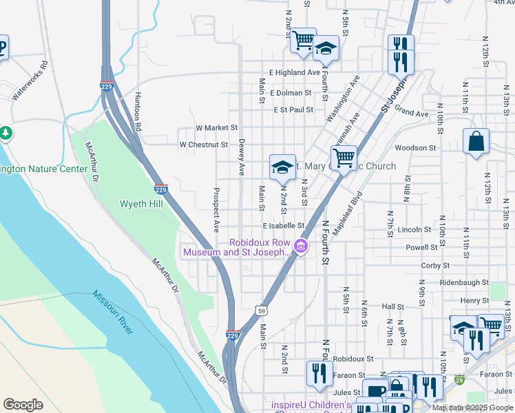 map of restaurants, bars, coffee shops, grocery stores, and more near 1402 Main Street in Saint Joseph