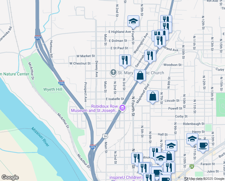 map of restaurants, bars, coffee shops, grocery stores, and more near 1322 North 2nd Street in Saint Joseph
