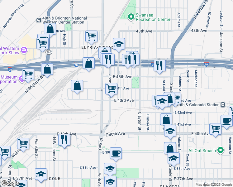 map of restaurants, bars, coffee shops, grocery stores, and more near 4341 Columbine Street in Denver