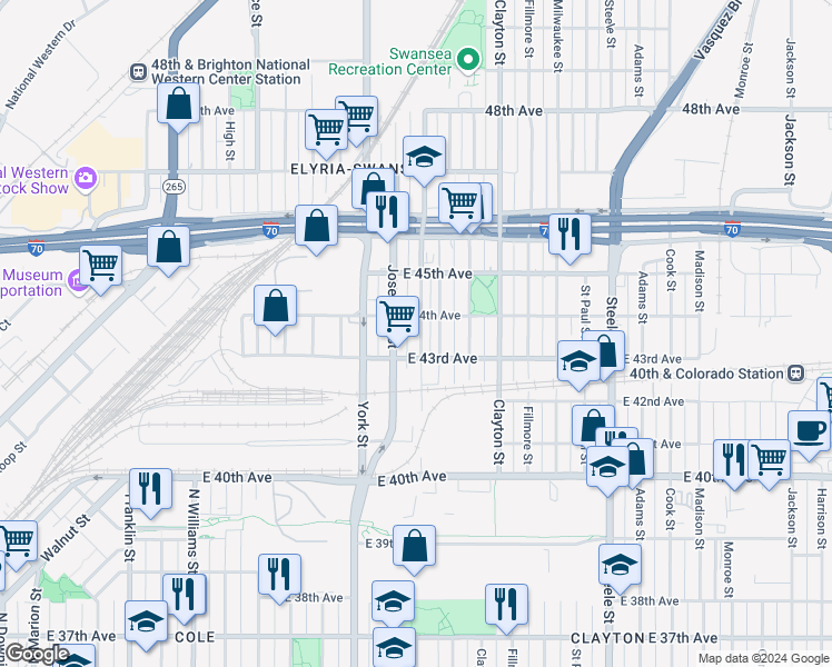 map of restaurants, bars, coffee shops, grocery stores, and more near 4341 Columbine Street in Denver