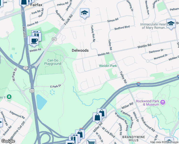 map of restaurants, bars, coffee shops, grocery stores, and more near 104 Weldin Park Drive in Wilmington