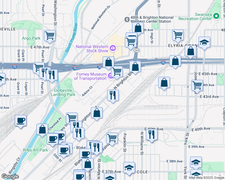 map of restaurants, bars, coffee shops, grocery stores, and more near 4290 Brighton Boulevard in Denver