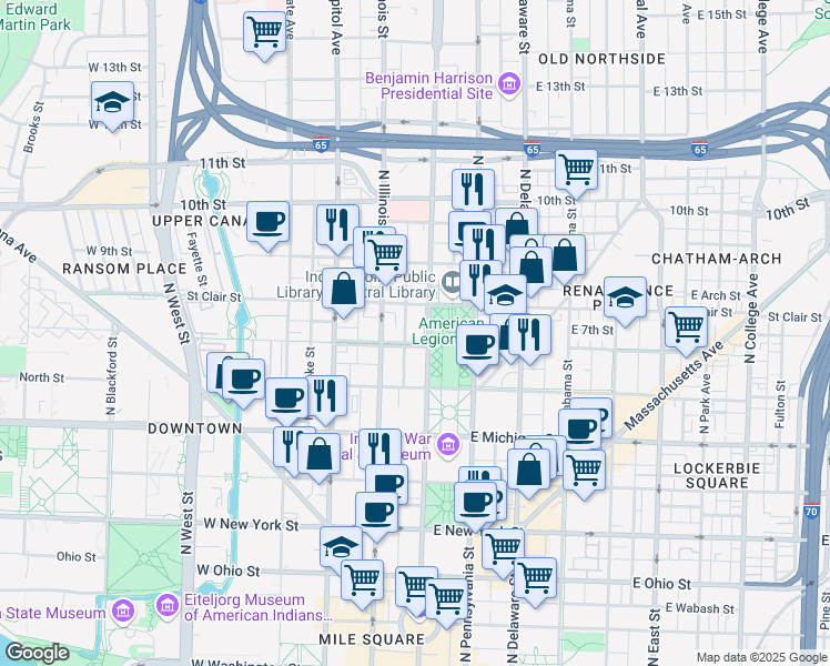map of restaurants, bars, coffee shops, grocery stores, and more near 710 North Meridian Street in Indianapolis