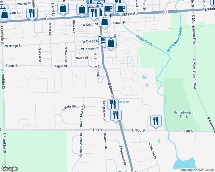 map of restaurants, bars, coffee shops, grocery stores, and more near 716 South State Street in Greenfield