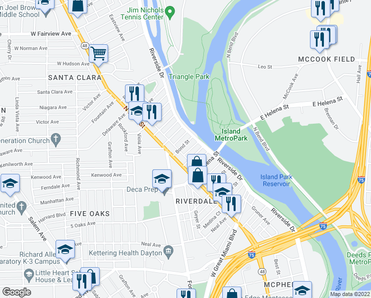 map of restaurants, bars, coffee shops, grocery stores, and more near 34 Bond Street in Dayton